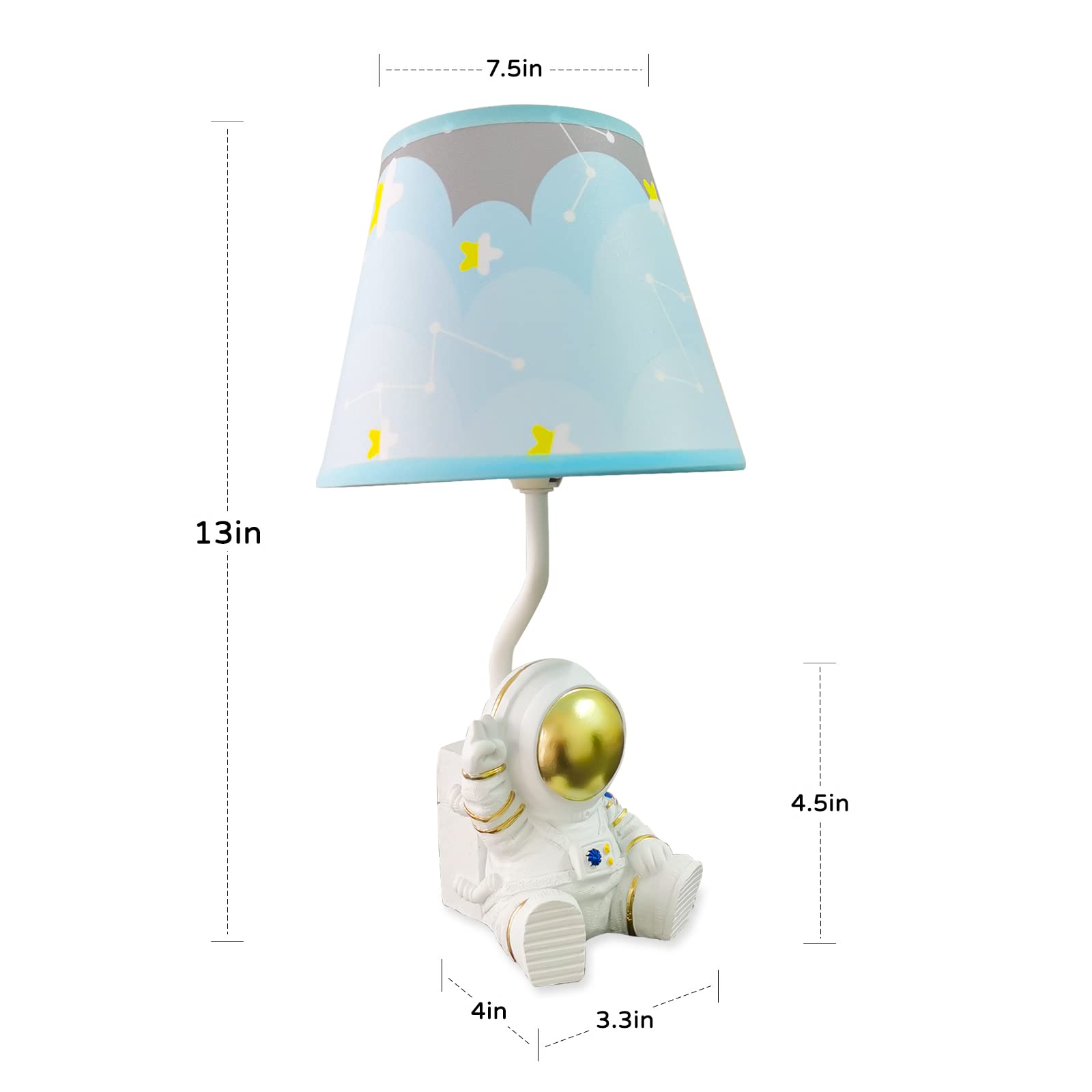 Herbestbay Kids Table Lamp, Golden Astronaut Lamp Design Bedside Table Lamp, 13 Inch Tall Spaceman Lamp With Barrel Lampshade For Kids Bedroom Decor, Come With An Led Bulb (American Astronaut)