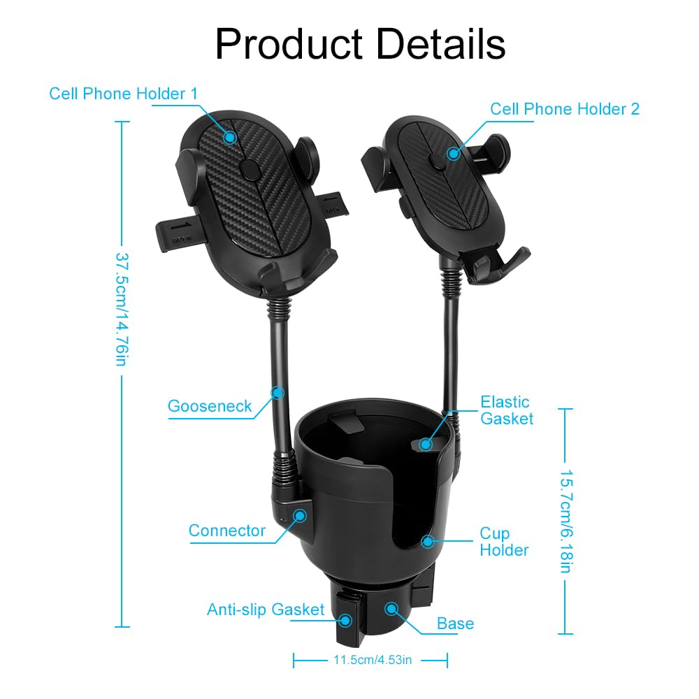 Jinkey Dual Cup Phone Holder For Car, 360°Rotatable Car Phone Mount Adjustable Gooseneck Cell Phone Cup Holder Universal Fits For Most 4"-6.7" I-Phone Cell Phone Automobile Cradles