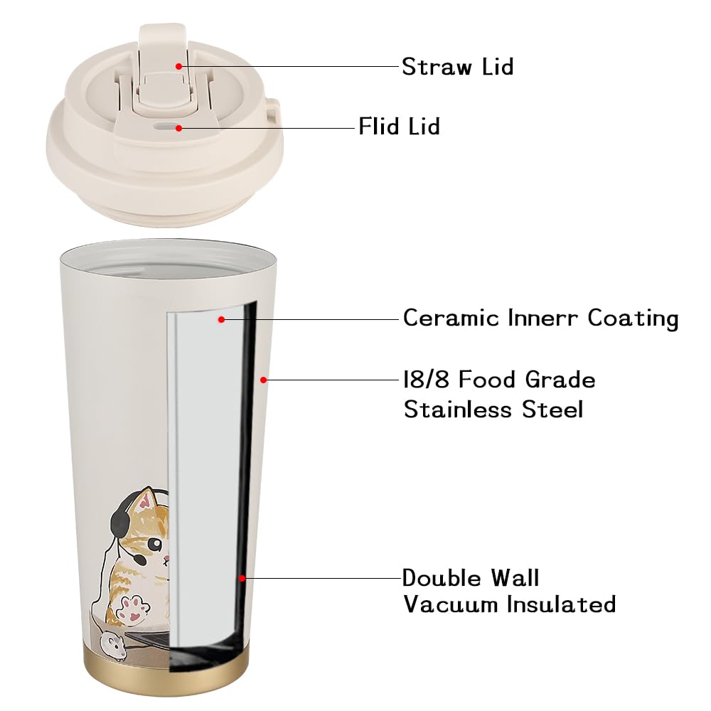 Funkrin Coffee Travel Mug With Straw & Flip Lid, 16Oz Insulated Tumbler Cup With Ceramic Coating