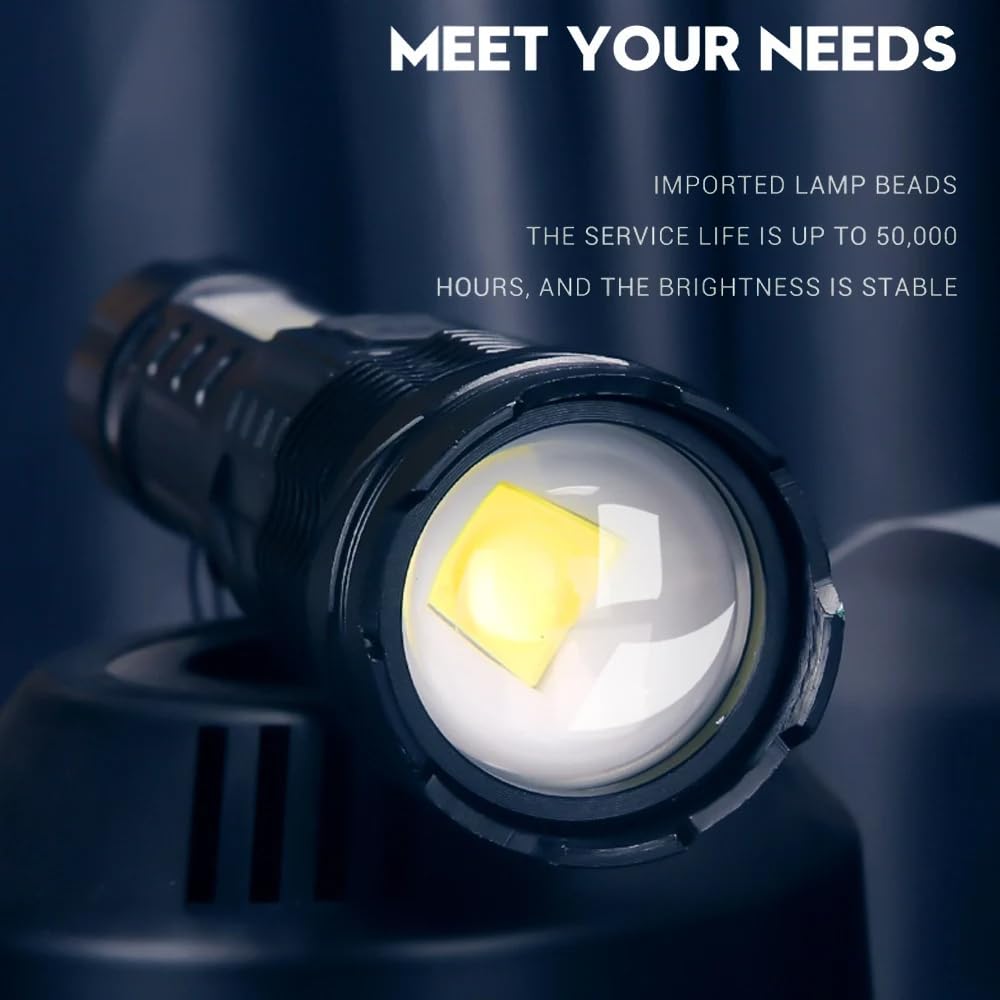 Aspennovatools A76 Rechargeable Flashlights Lumen Led Flashlight With Cob Side Light, 7 Modes, Zoomable, Ipx6 Waterproof, Usb Rechargeable, Black
