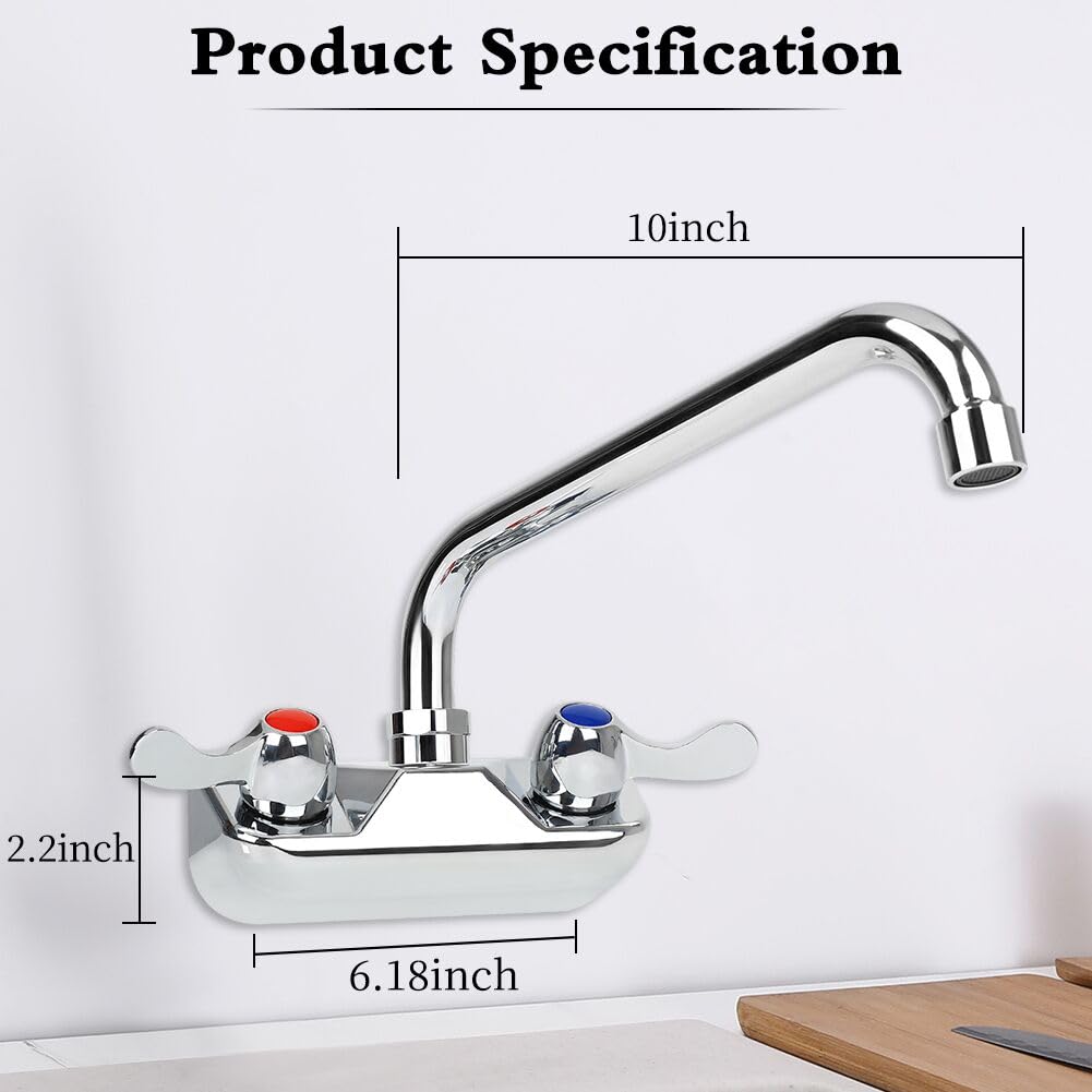 Tnroted 4 Inch Center Wall Mount Kitchen Hand Sink Faucet, Commercial Sink Faucet With 10" Swivel Spout, Dual Lever Handles Brass Constructed Utility Sink Faucet - 1/2" Npt Male Inlet