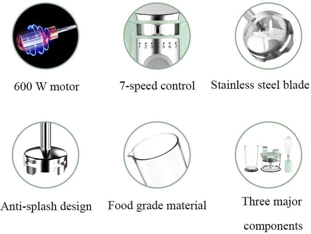 Kaabeto 600W Immersion Hand Blender, Multifunctional 5-In-1 Low Noise Stick Mixer, 7-Speed, Stainless Steel, Mixing Beaker, Chopper, Egg Whisk (Green)