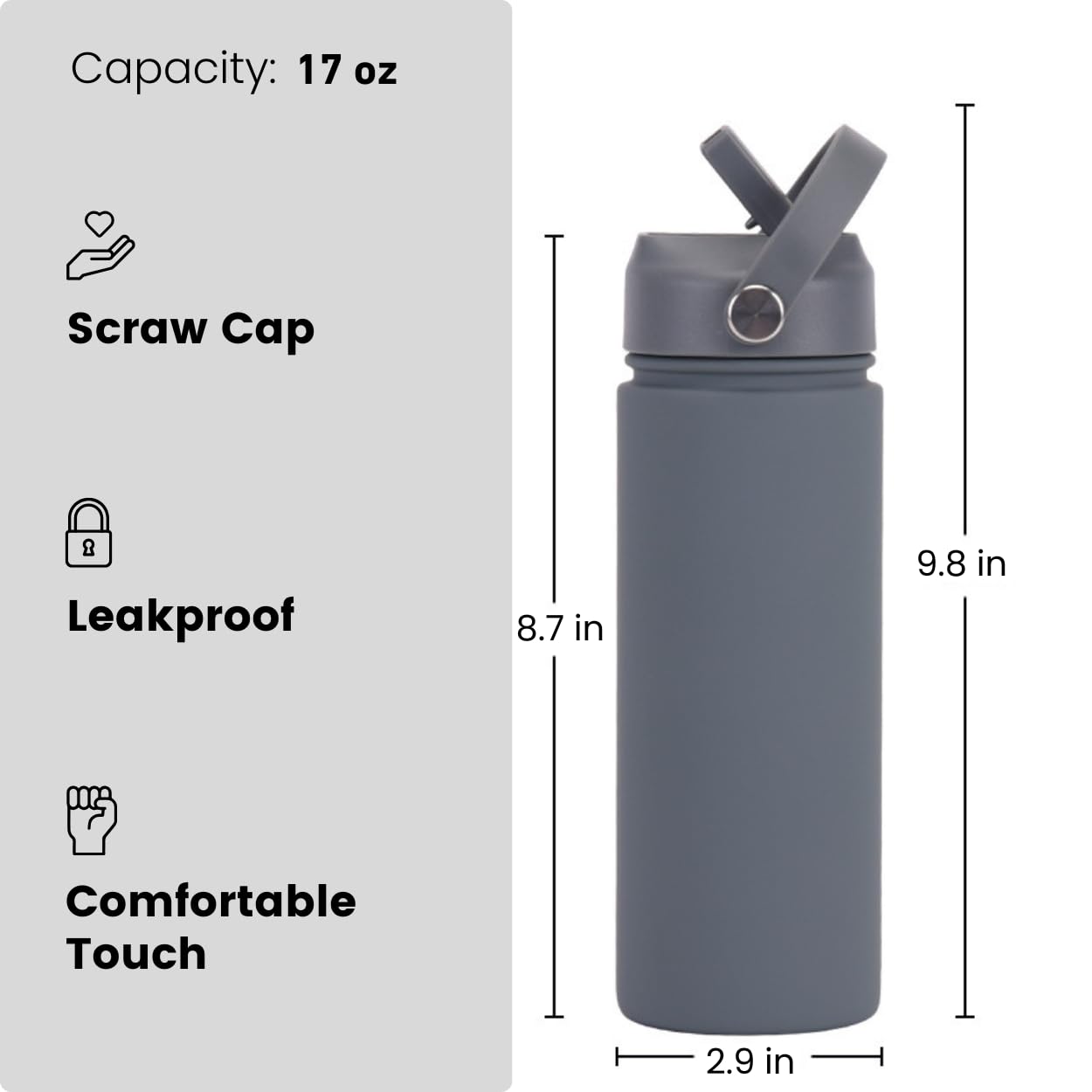 17 Oz Wide Mouth Vacuum Insulated Stainless Steel Water Bottle With Leakproof Closeable Straw