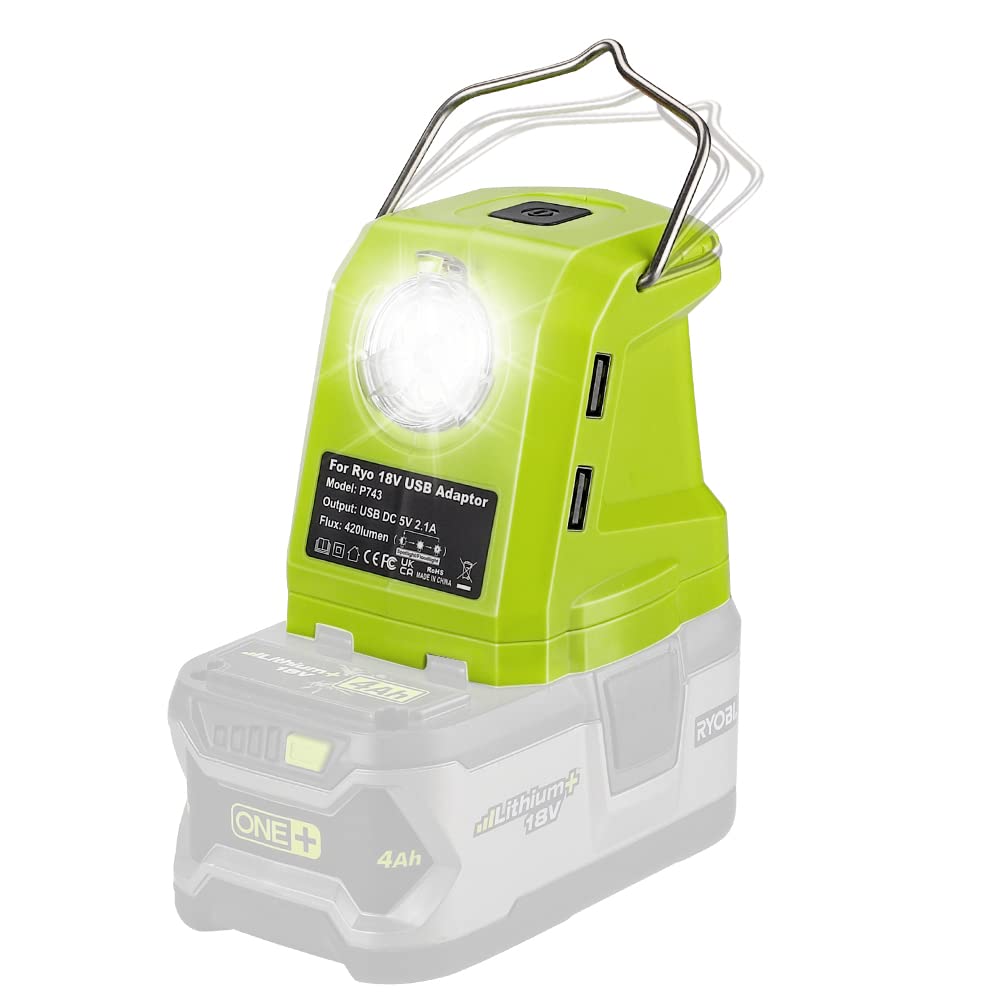 Hiesuan Portable Flashlight For Ryobi 18V Battery, 420Lm Led Work Light With 2 Usb Ports, 3 Light Modes And Foldable Hang Hook, Worklight Outdoor Camping Lantern For Emergency