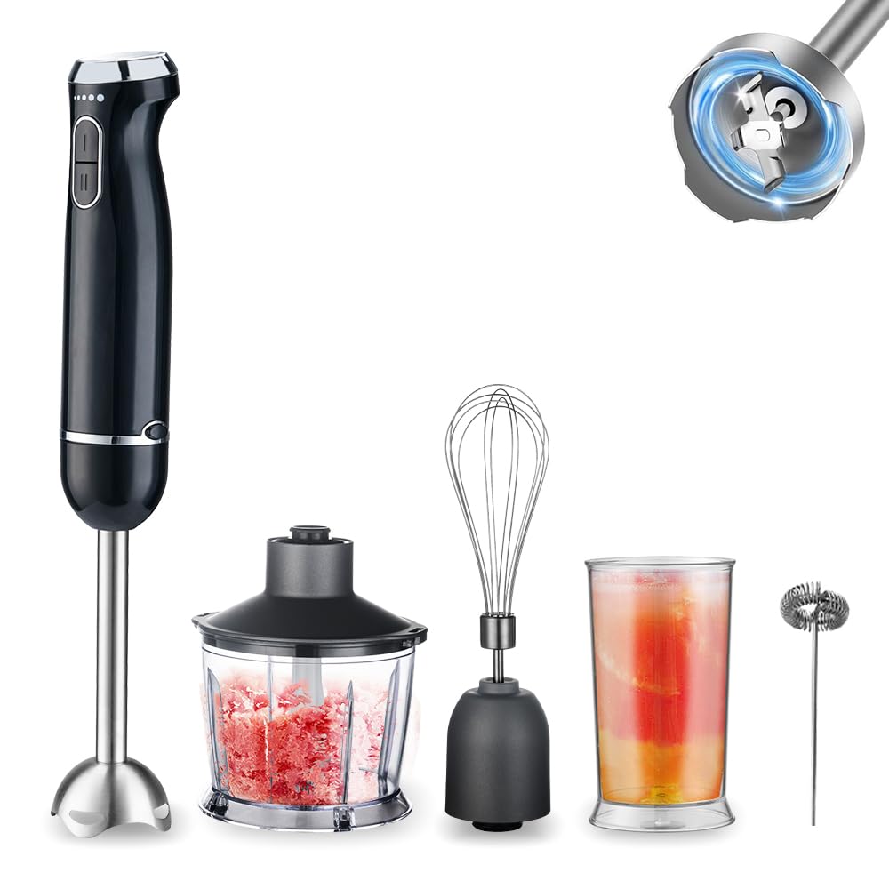 Dpeho Immersion Blender，Hand Blender Mixer, 5 In 1 Immersion Blender, 1000W Powerful Handheld Stick Mixer Blender With Turbo Mode,With Variable Speed & Chopper, Whisk And Frother, 15.55, Black