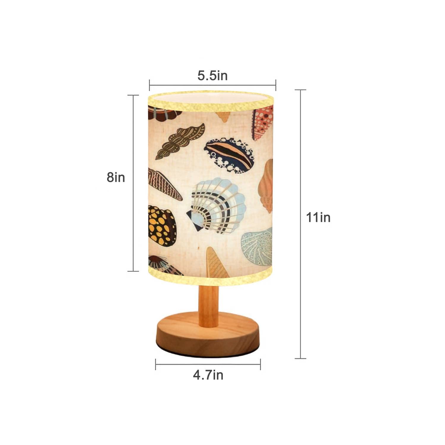 Lopyeijfg Minimalist Bedside Table Lamp Sea Shells Fossils Mollusks Seamless Summer Beach Hand Drawn Seaside Wood Nightstand Lamp Bedside Desk Lamp Wood Base Flaxen Fabric Shade For Bedroom Living Room