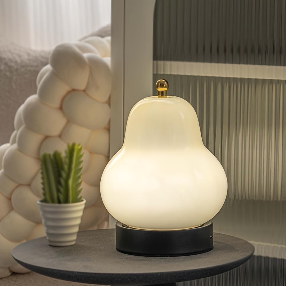 Ejfoiej Portable Cream Pear Desk Lamp, 3-Levels Brightness, 3 Color Touch Control Rechargeable Night Light, Bedside & Dining Room Lamp (White)