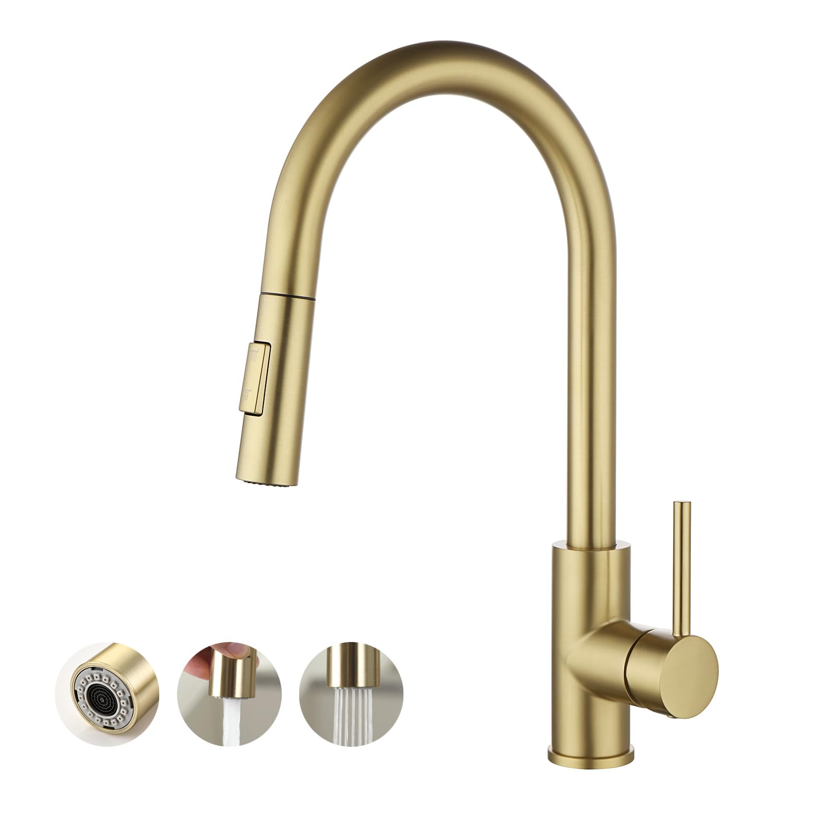 Havin Gold Kitchen Faucet With Pull Down Sprayer, High Arc Stainless Steel Material, With Cupc Ceramic Cartridge,Without Deck Plate,Fit For 1 Hole Kitchen Sink Or Laundry Sink,Brushed Gold,Hv501G