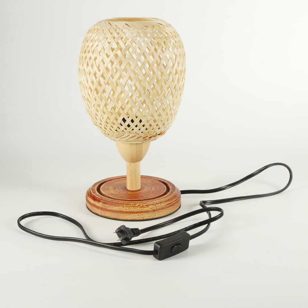 Vintopsh Bamboo Rattan Table Lamp,Boho Farmhouse Bedside Desk Light Fitting For Bedroom Living Room Desk Kids Room