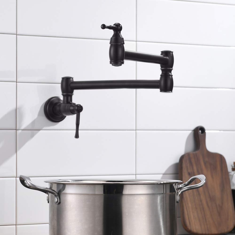 Boomhoze Matte Black Pot Filler Faucet, Commercial Folding Wall Mount Stove Kitchen Sink Faucet With Double Joint Swing Arms Single Hole Hot/Cold Water