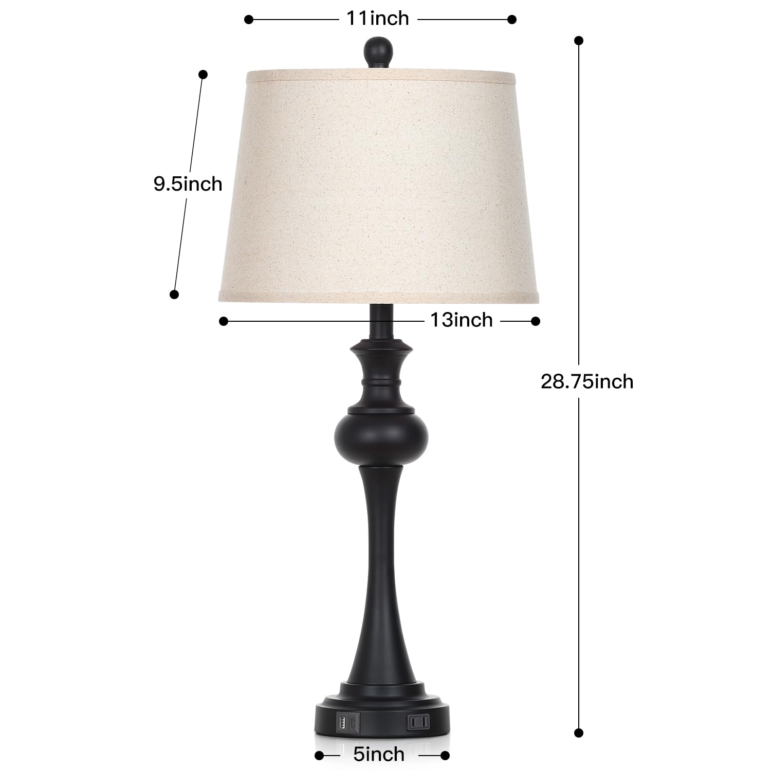 Cinyirong 28.75" Black Modern Table Lamps For Living Room, Bedside Lamp With Usb A+C Ports & Ac Outlets, 3 Way Dimmable Touch Lamps For Living Room,Nightstand Lamp Led Bulb Included (1Pack
