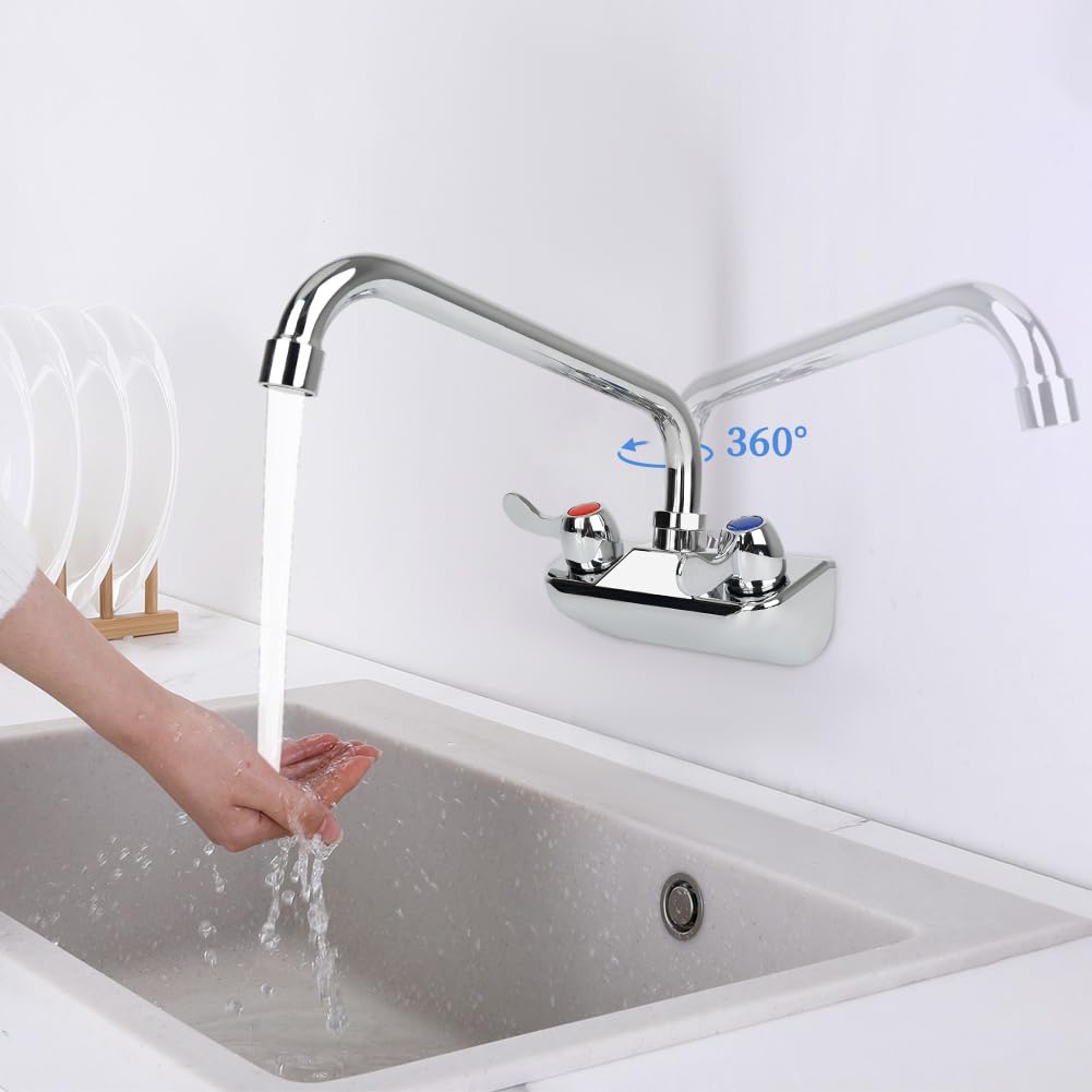 Tnroted 4 Inch Center Wall Mount Kitchen Hand Sink Faucet, Commercial Sink Faucet With 10" Swivel Spout, Dual Lever Handles Brass Constructed Utility Sink Faucet - 1/2" Npt Male Inlet