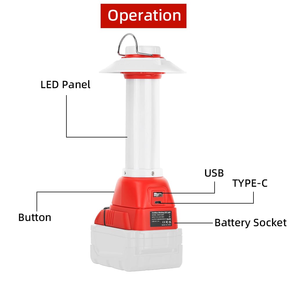 Haopkzapyr 8W 800Lm Lantern For Milwaukee 18V M18 Li-Ion Outdoor Portable Camping Lantern With Hook, Usb & Type-C Output, Emergency Light, Perfect For Camping, Hiking, And Outdoor Activities(Tool Only)