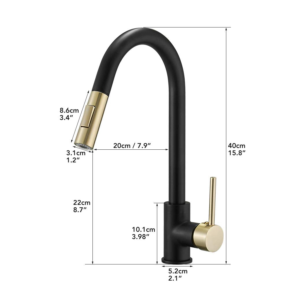 Hoimpro High-Arc Single Handle Kitchen Sink Faucet With Pull Out Sprayer, Modern Rv Kitchen Faucet With Pull Down Sprayer, Touch Water Faucet, Brass/Matte Black & Gold(1 Or 3 Hole)