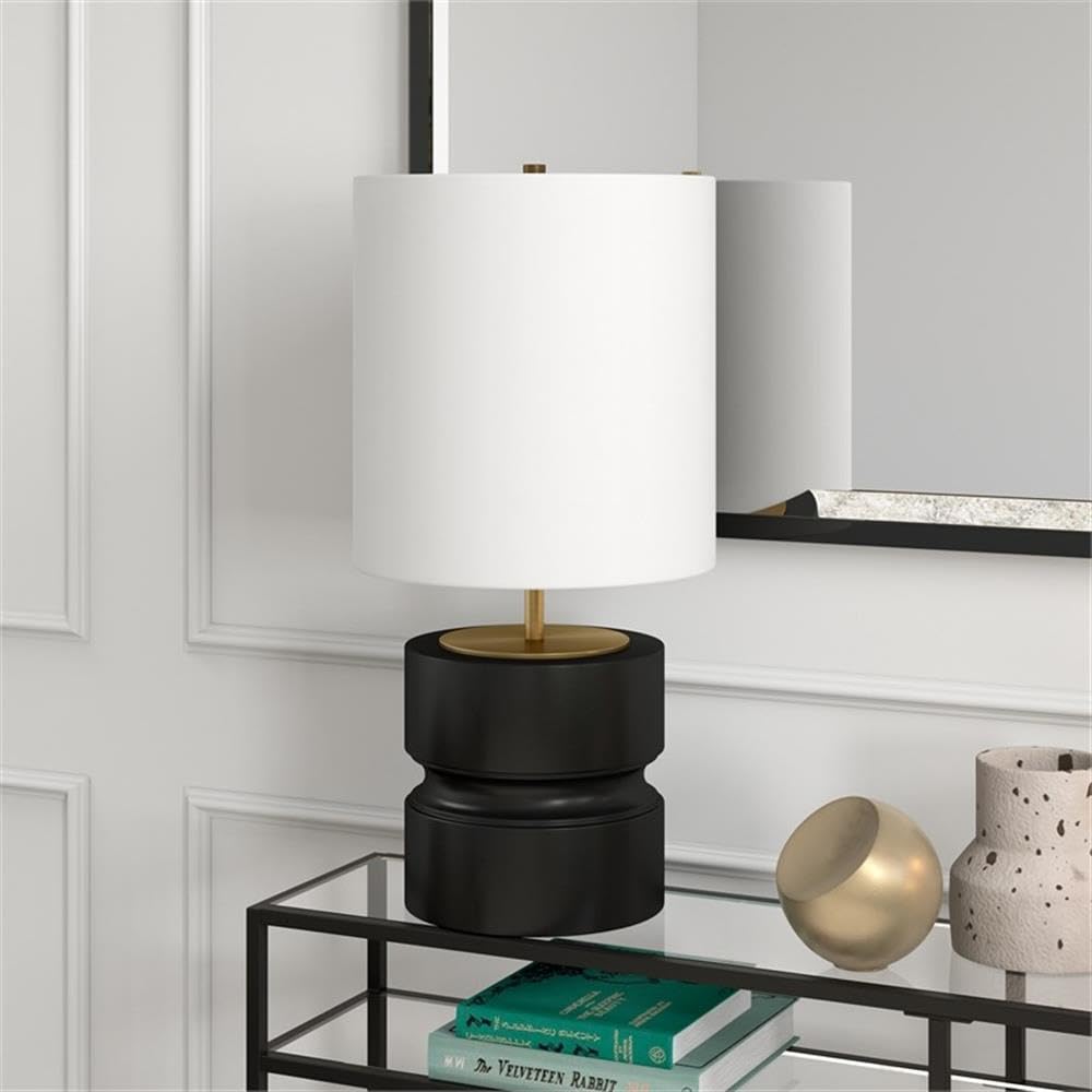 Henn&Hart 27" Tall Table Lamp With Fabric Shade In Matte Black/Brass, For Home, Living Room, Bedroom, Entertainment Room, Office, Kitchen, Dining