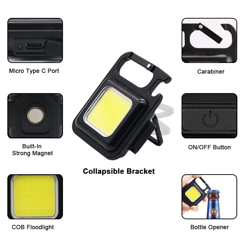 Ysy Cob Small Flashlights, 800Lumens Bright Rechargeable Keychain Mini Flashlight 3 Light Modes Portable Pocket Light With Folding Bracket Bottle Opener And Magnet Base For Fishing Walking Camping