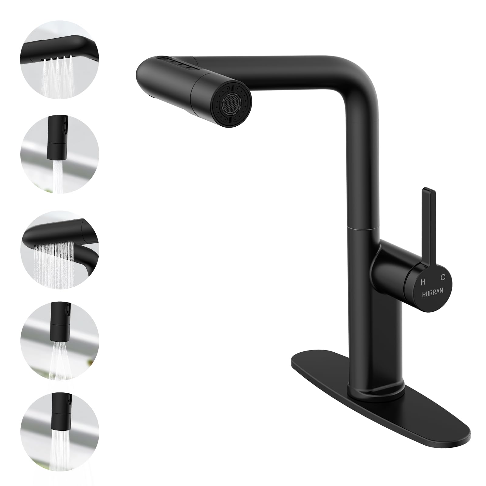 Hurran Waterfall Kitchen Faucet With Pull Down Sprayer, Kitchen Sink Faucets With 5 Spout Modes, 360° Swivel Single Handle Faucet With Deck Plate, Matte Black