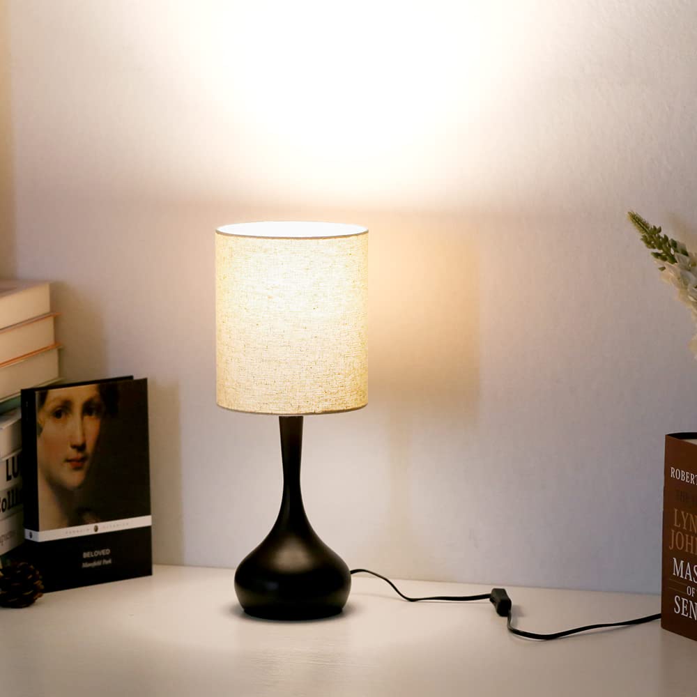 Kunjoulam Modern Table Lamp Brown Base, 17.3" Small Desk Light With Metal Droplet, Cylinder Linen Drum Shade, Nightstand Lamp For Bedroom Living Room Nightstand Office