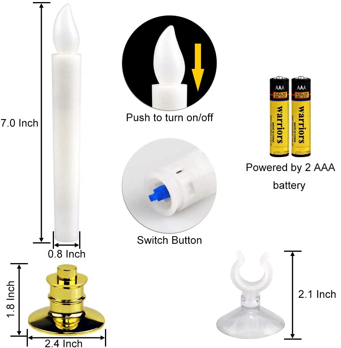 Kithouse 10 Set Christmas Window Candles Lights With Timer Battery Operated Electric Led Taper Candles Flameless For Windows, Gold Candle Holders, Suction Cups & 20 Pcs Battery Included (10 Set)