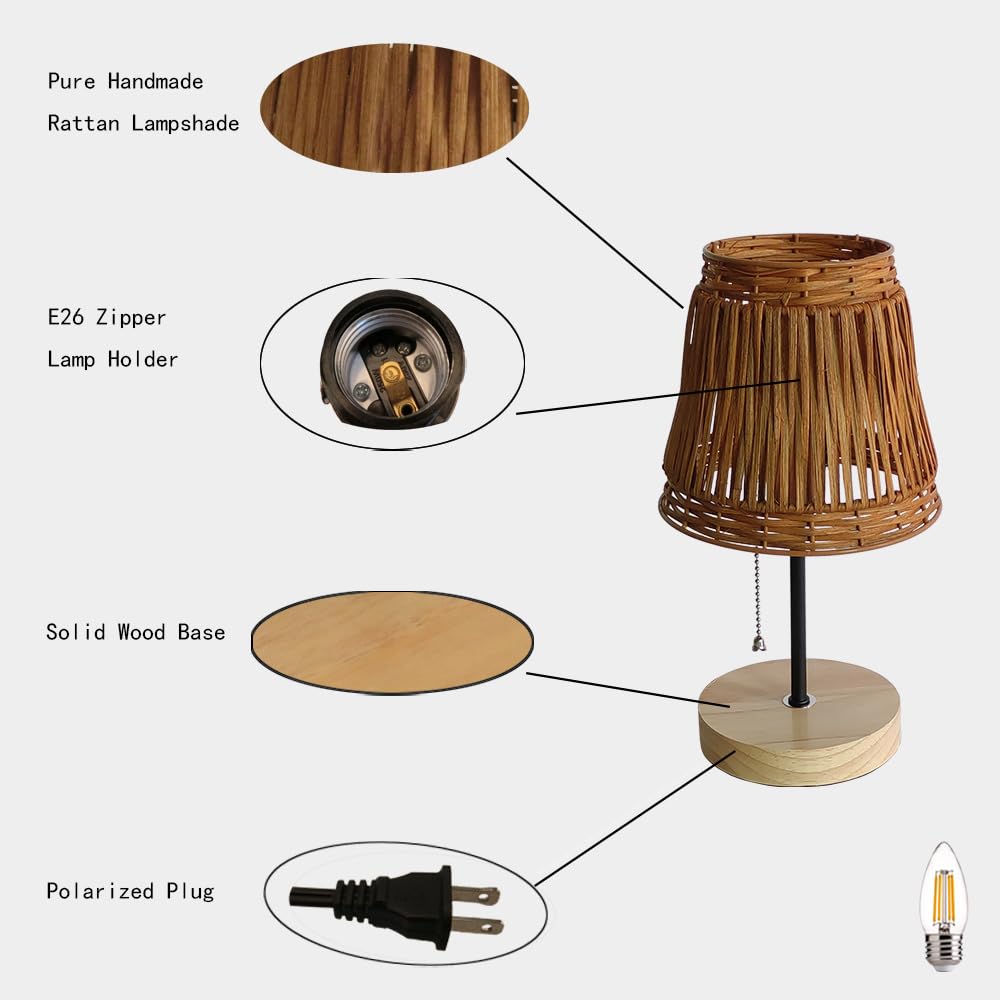Pakuyhou Handmade Boho Rattan Bedroom Small Table Lamp,With Brown Rattan Lamp Shade (Brown) With Pull Chain Lamp Holder,E26 Bulb Included