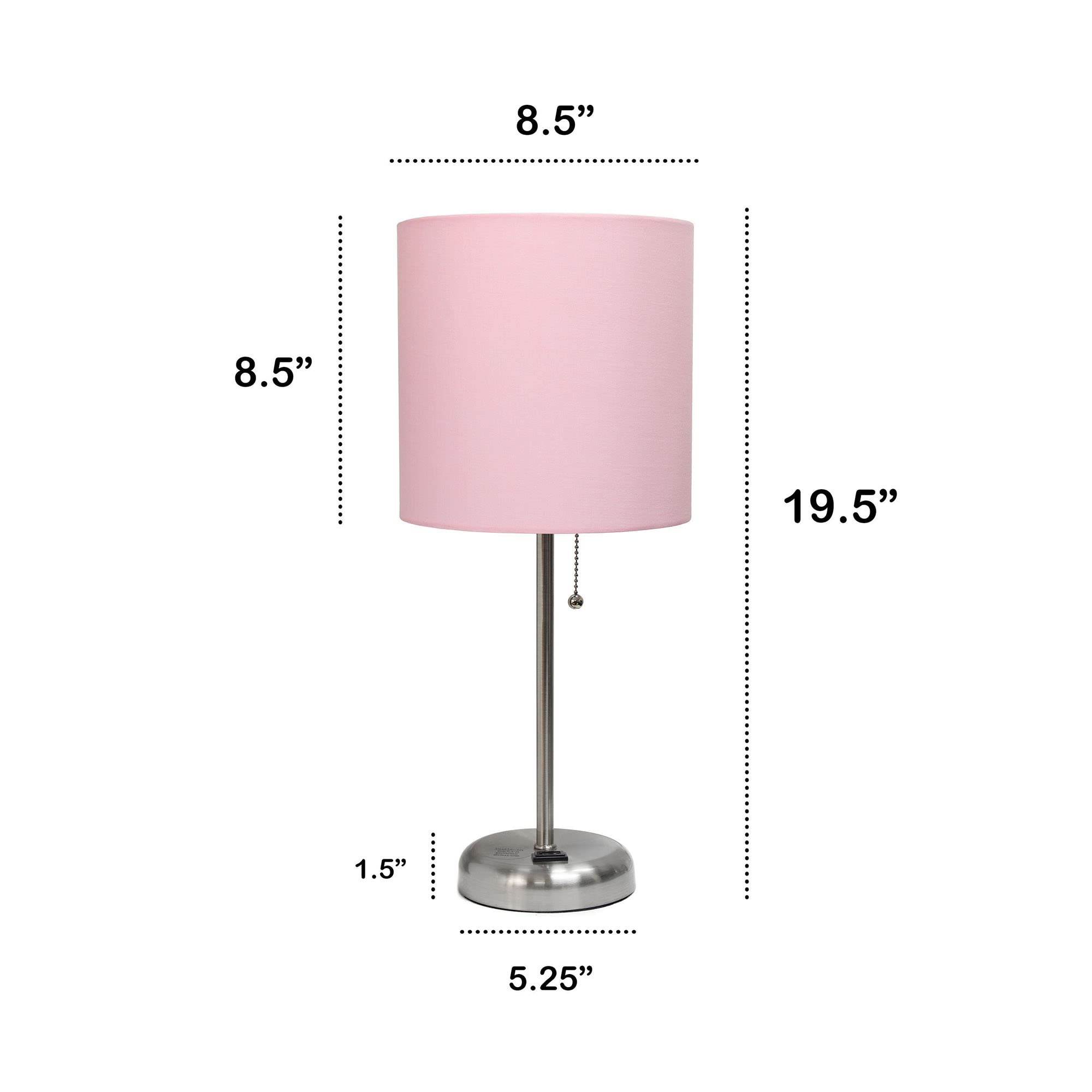 Creekwood Home Oslo 19.5" Contemporary Bedside Power Outlet Base Standard Metal Table Desk Lamp In Brushed Steel With Light Pink Drum Fabric Shade