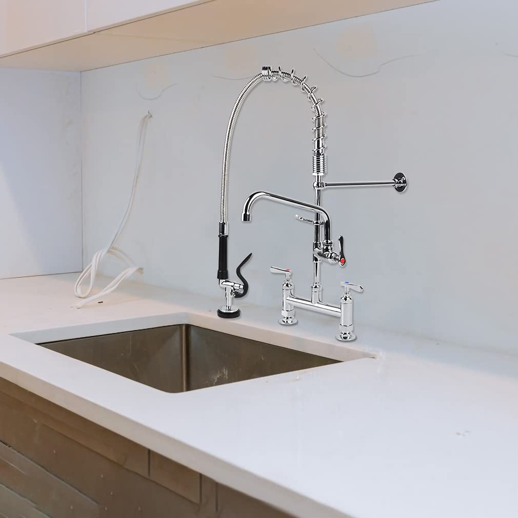 Xiube Commercial Sink Faucet With Pre Rinse Sprayer, 8 Inch Center 27 Inch Height Deck Mount Commercial Kitchen Sink Faucet With 12Inchswing Spout Fit For Kitchen Restaurant, Brass Chrome