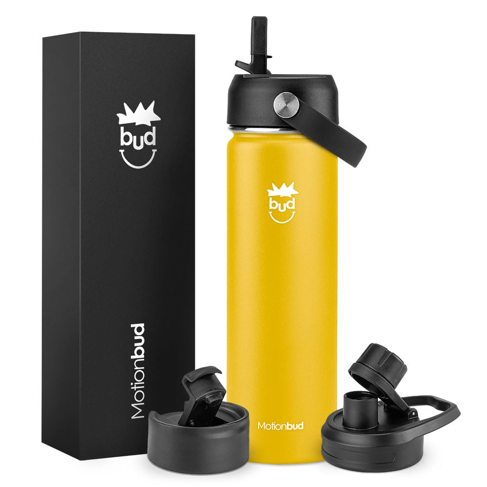 Insulated Water Bottle 22Oz. - Stainless Steel, Spill-Proof, Slim Thermos With 3 Lids