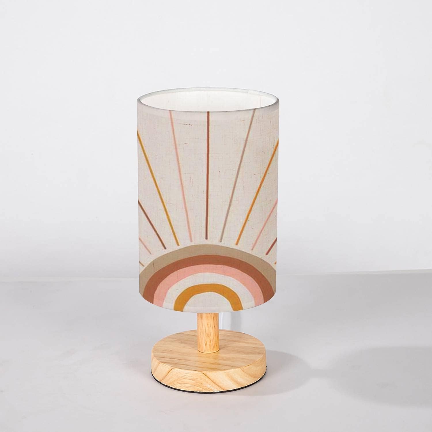 Rainfallaring Cute Minimalist Bedside Table Lamp Boho Magic Rainbow Sun And Rays Abstract Geometric Solid Wood Nightstand Lamp Bedside Desk Lamps Wood Base Flaxen Fabric Shade For Girls Bedroom Nursery Living Room