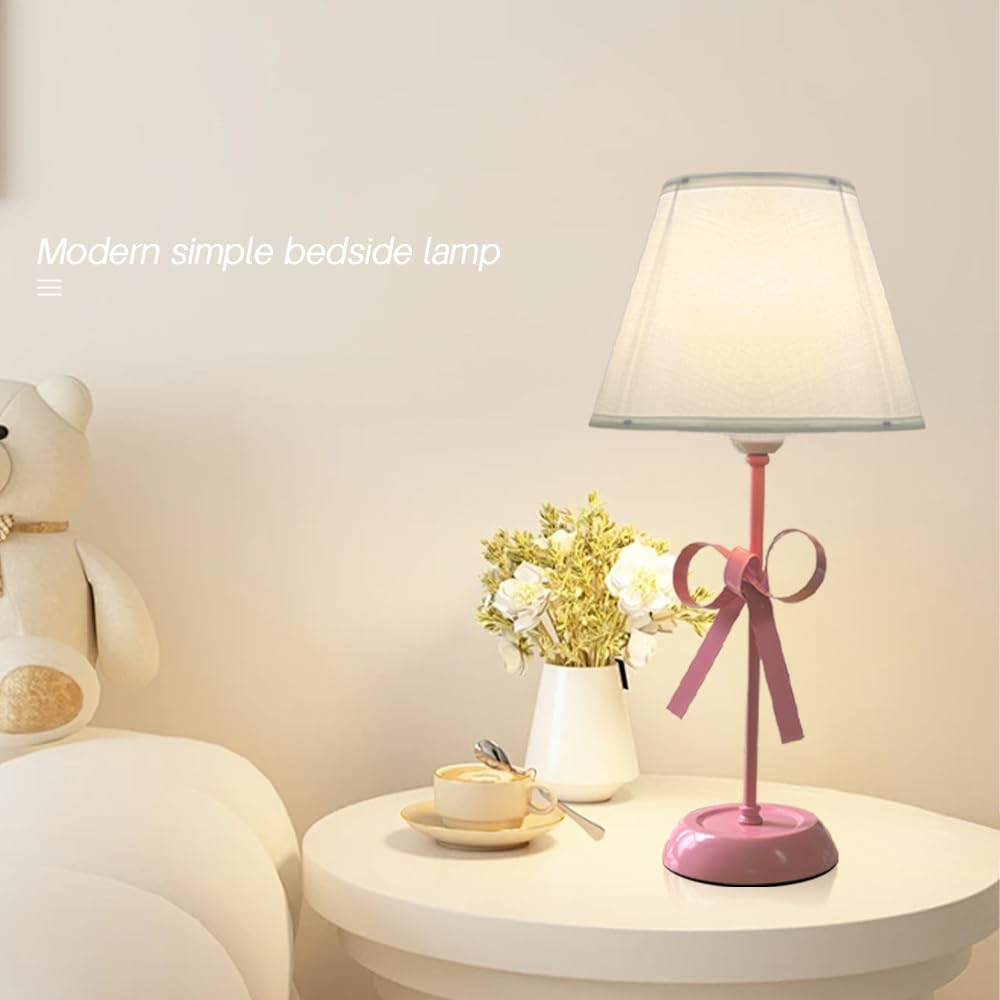 Oroilupu Pink Bow Lamp For Girls Room, Small Single Princess Desk Lamp Modern Decorative Boho Living Room Kids Reading Room Bedside End Table Cute Coquette Table Lamp With Fabric Shade Bedroom