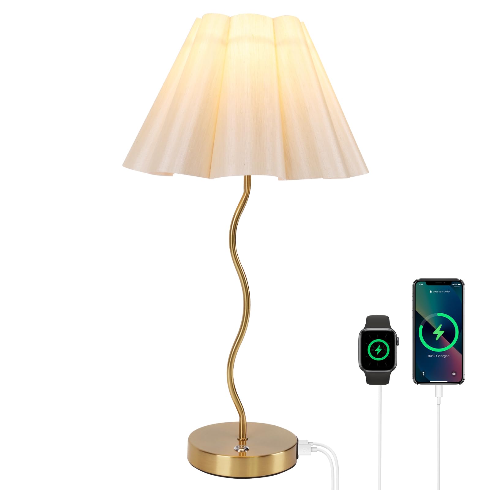 Eidearay Table Lamp For Bedroom, Modern Table Lamp With Touch Dimmable And Pleated Beige Lampshade, Gold Bedside Tables Lamp With Usb C+A Charging Ports For Bedroom Living Room Home Office
