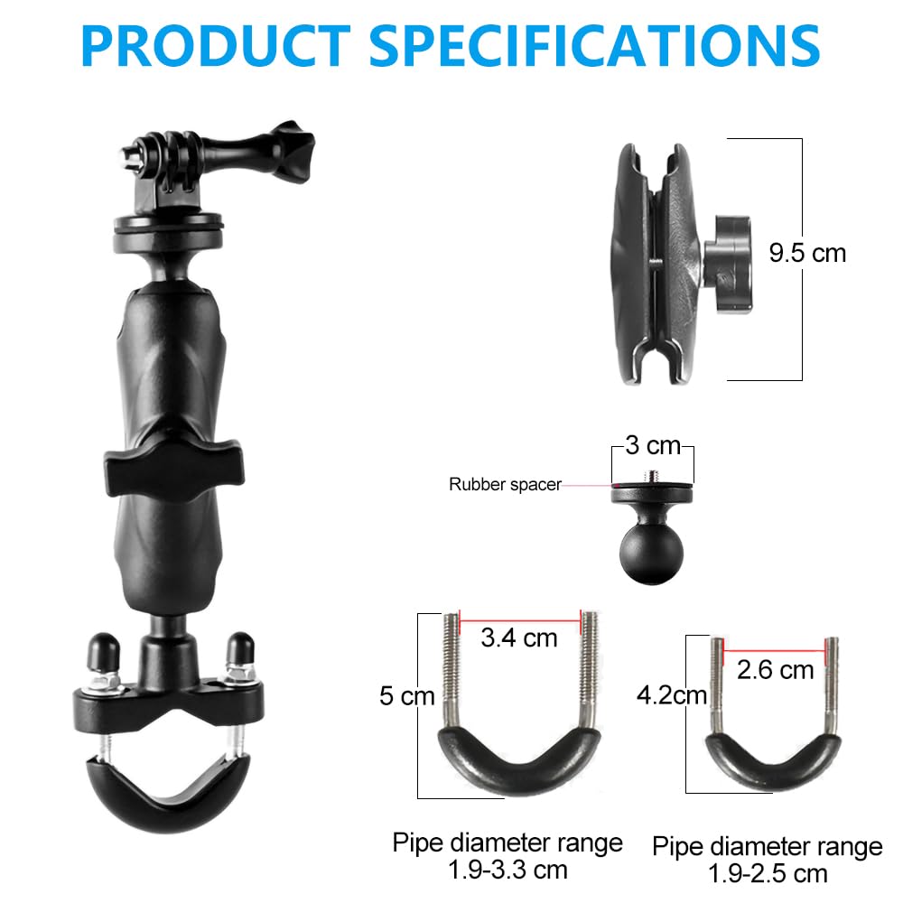 Zeyutom 360° Motorcycle Bicycle Camera Holder Handlebar Mount 1/4" Stand For Gopro Hero 13 12 11 10 9 8 7 6 5 4 3, Bike Adjustable Metal Bracket For Dji Osmo Action 5 Pro/4/3/2 Action Cameras Accessories