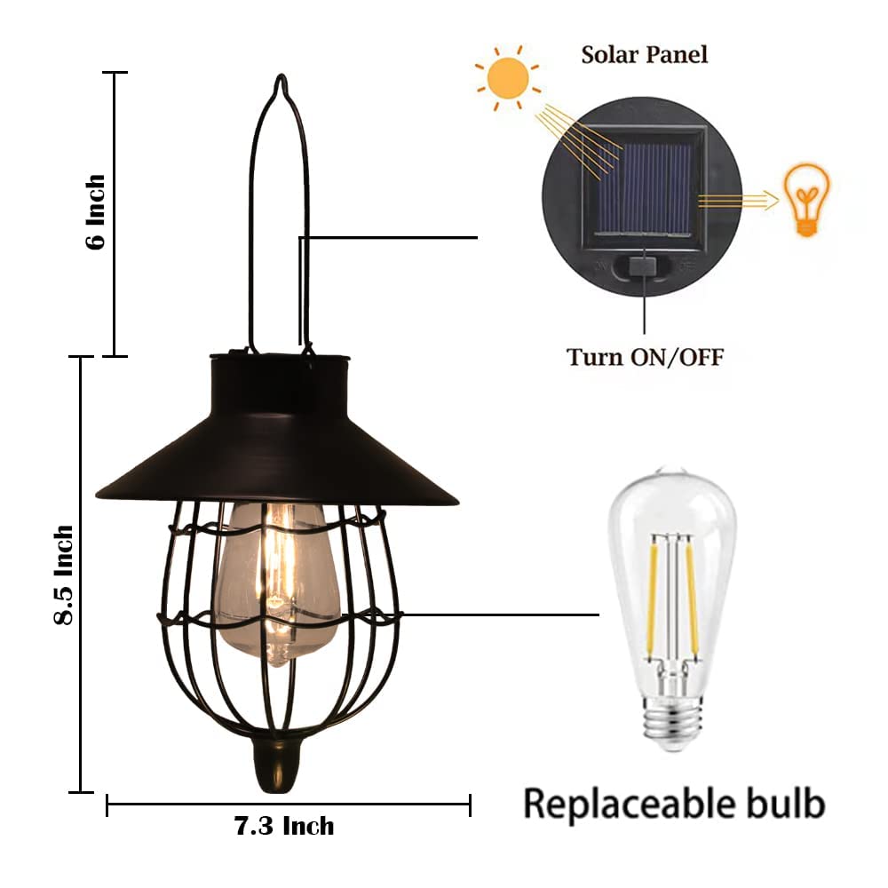 Yakii 2 Pack Solar Lantern Hanging Waterproof Outdoor Metal Solar Lamp With Warm White Light Decorate For Yard Garden Pathway Patio Porch Decor (Black)