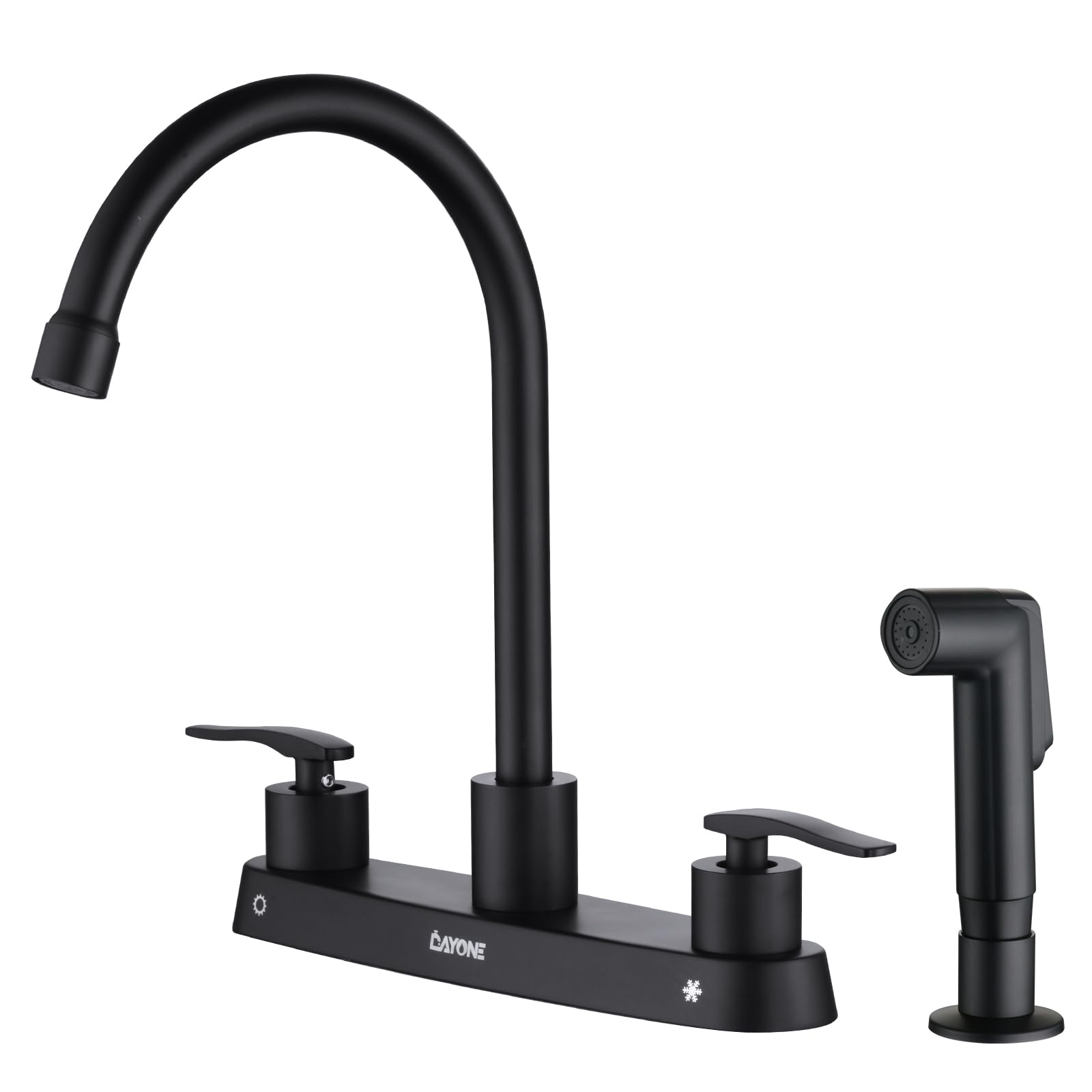 Dayone Black Kitchen Faucet 2 Handles With Side Separate Sprayer, Matte Black Kitchen Sink Faucet High Arc Stainless Steel, 4 Holes Centerset Faucet For Kitchen Rv Laundry Bar, With Supply Lines