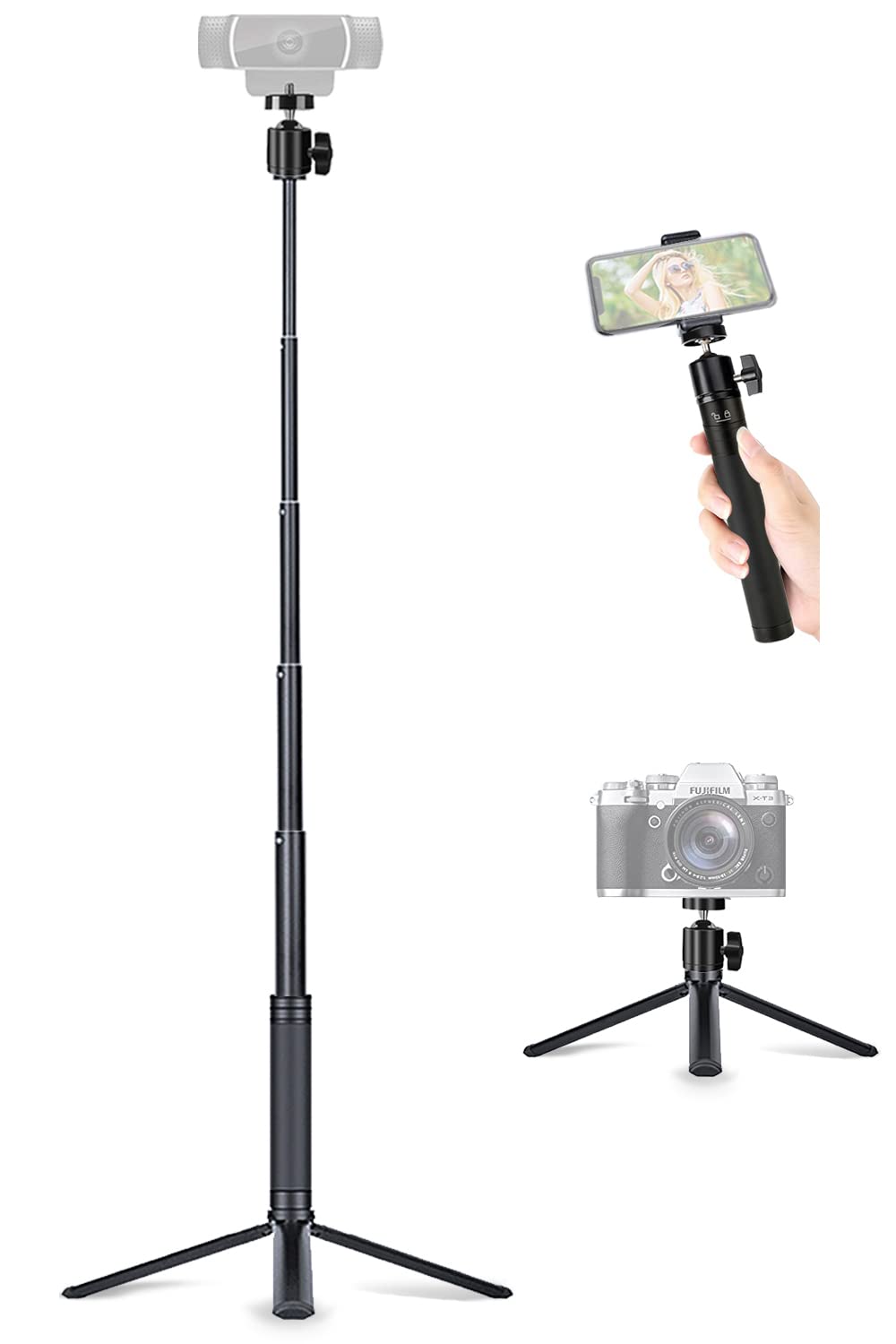 Jcwiny 30" Tall Webcam Stand Tripod Extendable Desktop Tabletop Webcam Tripod Web Camera Mount Aluminum Desk Tripods Stand For Logitech Brio Webcam C925E C922X C930E C922 C930 C920 C615 Iphone Camera