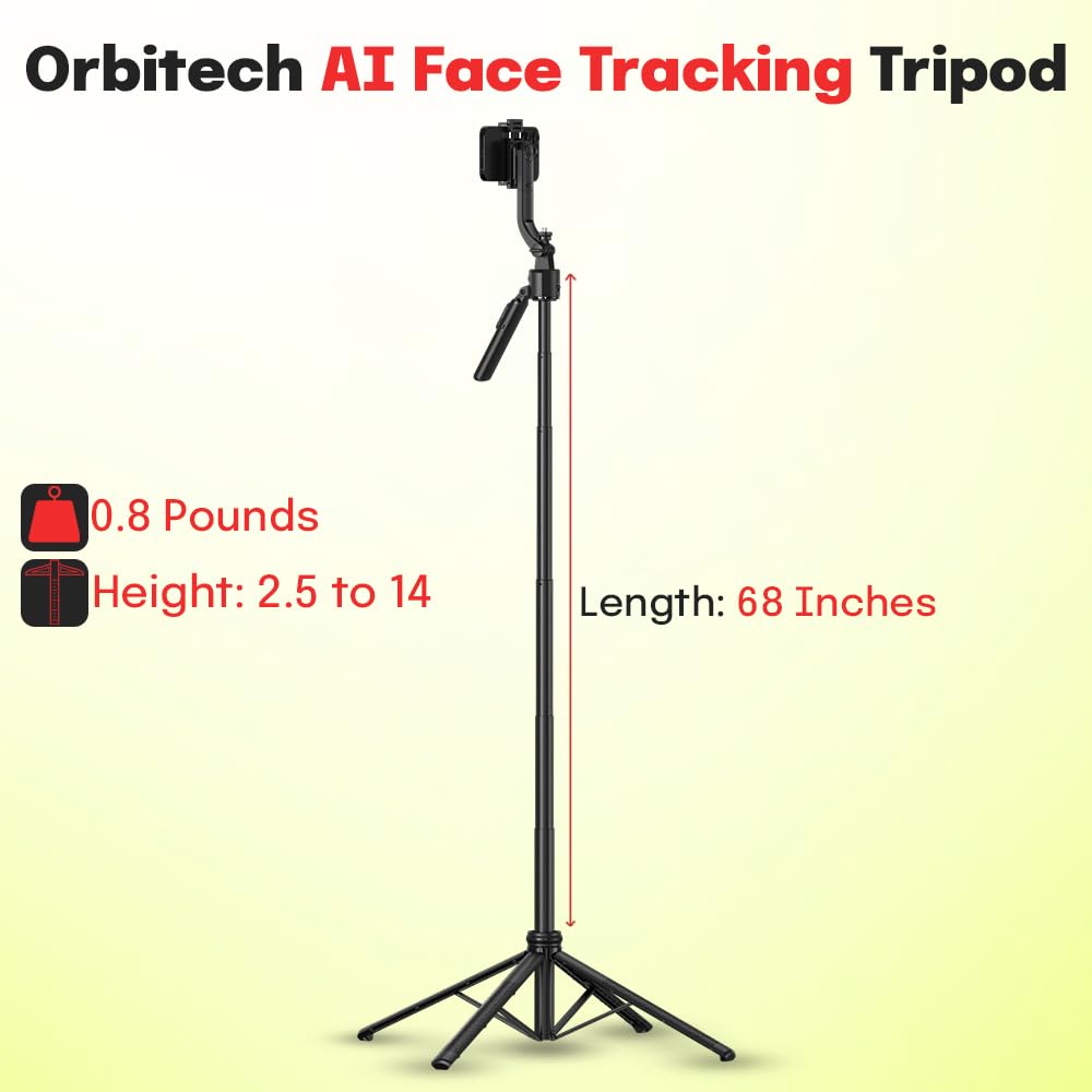 Orbitech Ai Face Tracking Tripod With Gesture Control, 360° Rotating Selfie Stick, Adjustable Stand For Iphone & Android, Great For Video Recording, Content Create, Live Streaming (68-Inch)