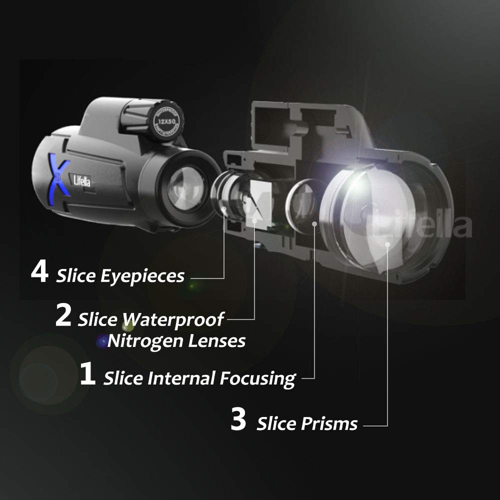 Lifella 12X50 High-Power Monocular Telescope With Portable Bag - Ideal For Bird Watching, Hunting, Hiking, Camping - Large Vision With Bak4 Prism And Fmc Lens Technology, Black