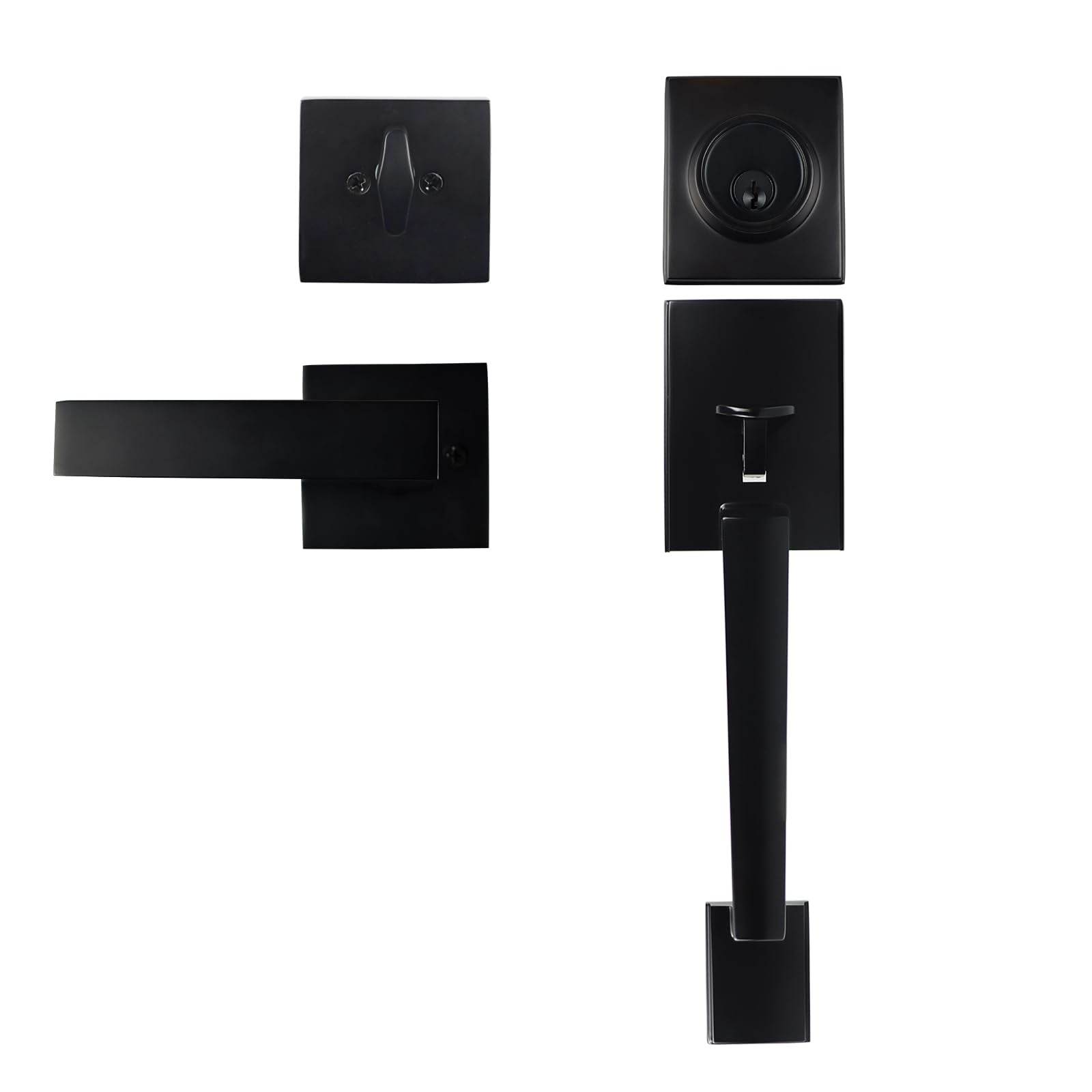 Hardhawk Front Door Handle Set With Deadbolt Lever Black, Reversible Exterior Door Lock Set Square Adjustable Entrance Handle Set For Right Left Handed Doors Heavy Duty For Home Matte Black