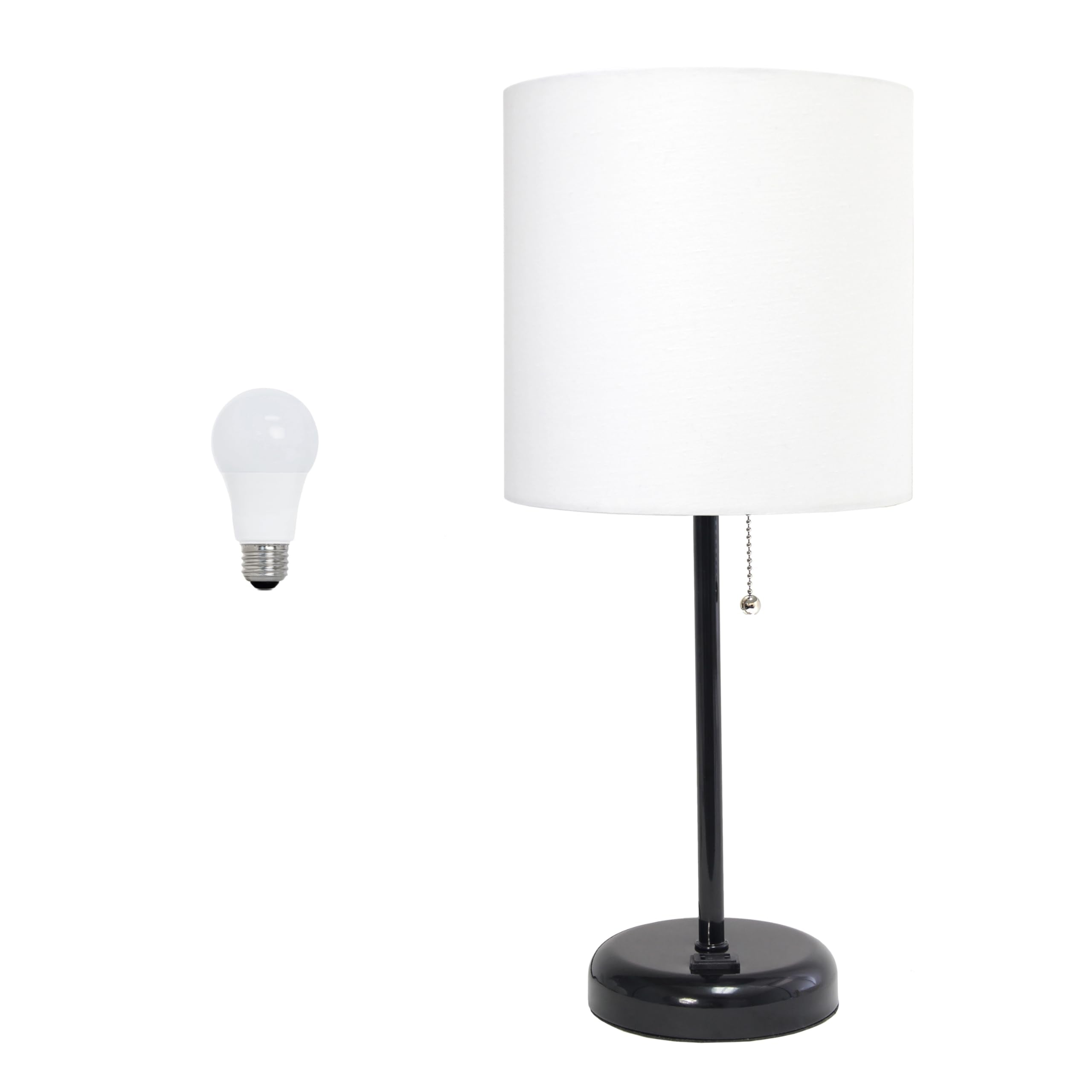 Creekwood Home Oslo 19.5" Contemporary Bedside Power Outlet Base Standard Metal Table Desk Lamp In Black With White Drum Fabric Shade For Home Décor With Feit Led Bulb