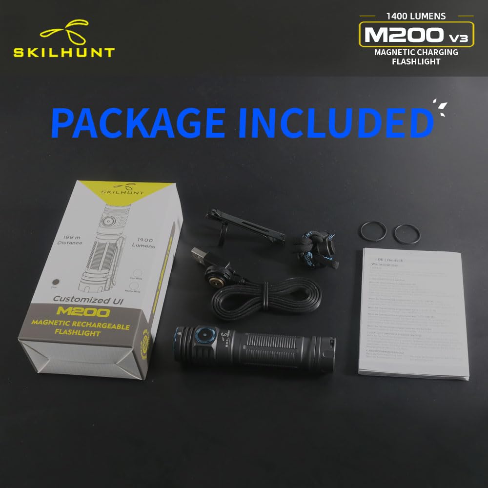 Skilhunt M200 1400 Lumens Bright Magnetic Usb Rechargeable Led Flashlight For Edc, Outdoor, Rescue, Searching, Hiking And Emergency (Black, Neutral White High Cri)