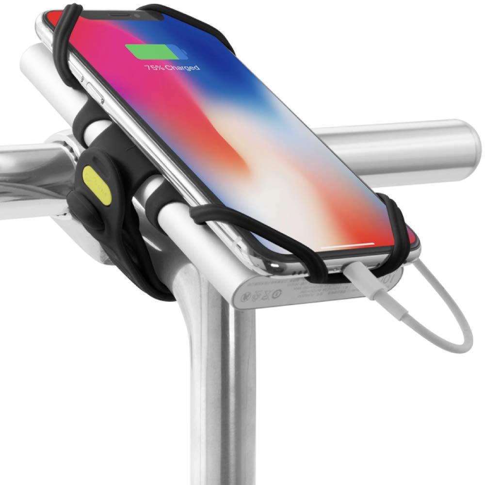 Bone Bike Tie Pro Pack 1, Bike Cell Phone + Charger Mount For Stem, Scratch- Silicone Holder, Universal Cycling Phone + Power Bank Holder Compatible With Most Smartphones (Black - 2-In-1 Mount)