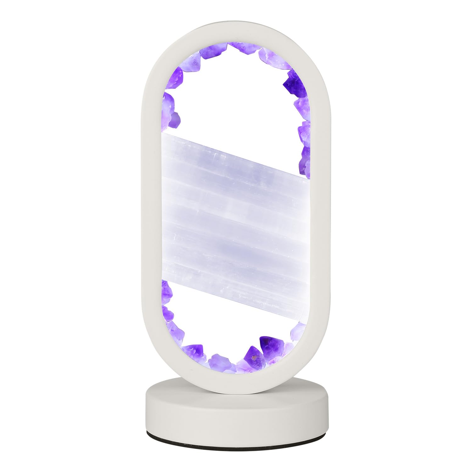 Gc Quill Natural Amethyst And Selenite Crystal Healing Night Table Lamp –3-Color Dimmable Mood Lighting For Meditation Relaxation And Restful Sleep, Purple Crystal Bedroom Decor