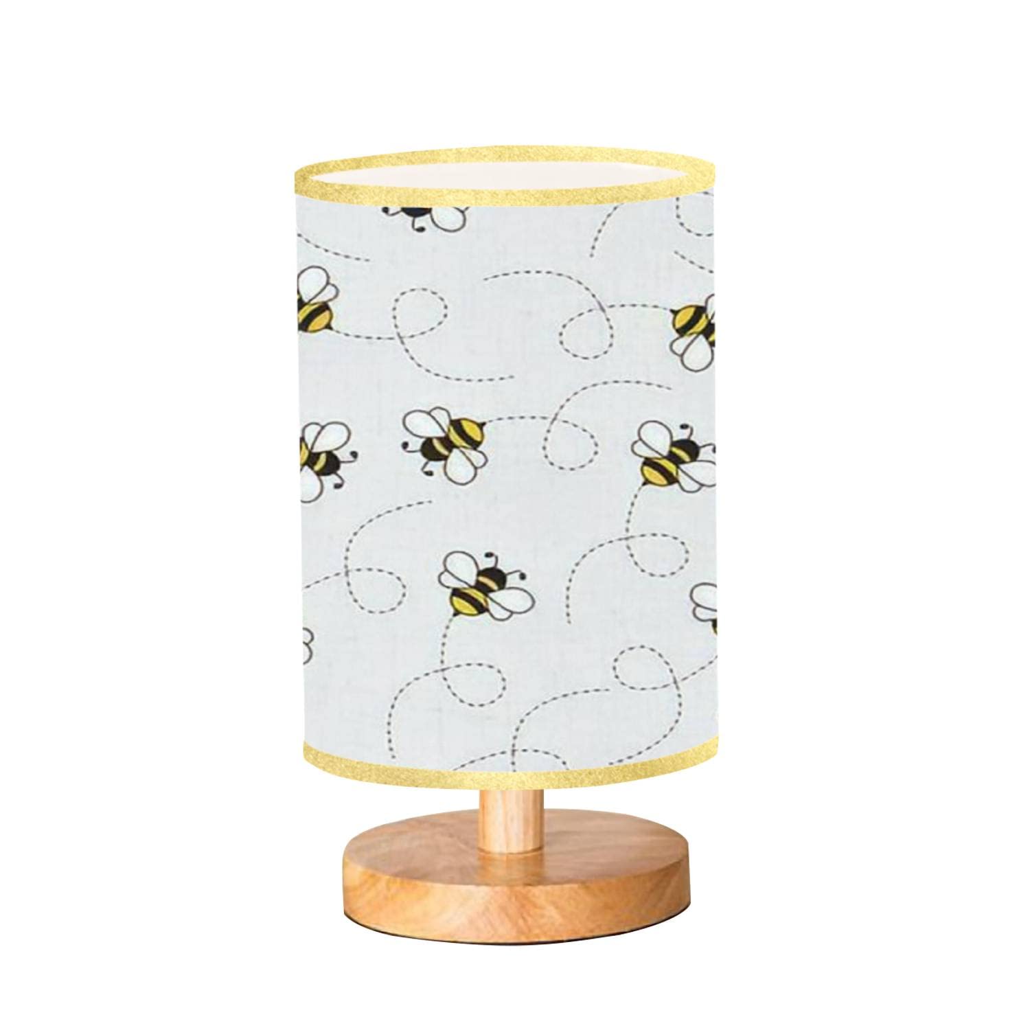 Ugdbfuy Dimmable Bedside Lamp Seamless With Flying Bees On A Dotted Route Cartoon Black And Yellow Desk Lamps Wooden Base Linen Lampshade Table For Bedroom Living Room Study Office 5.511Inches
