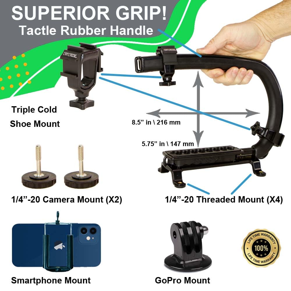 Cam Caddie Scorpion Ex Video Action Stabilizing Rig Handle Grip Handheld Stabilizer With Hot-Shoe Mount For Canon Nikon Sony Panasonic Dslr & Mirrorless Camera Camcorder (Triple Cold Shoe (X1))