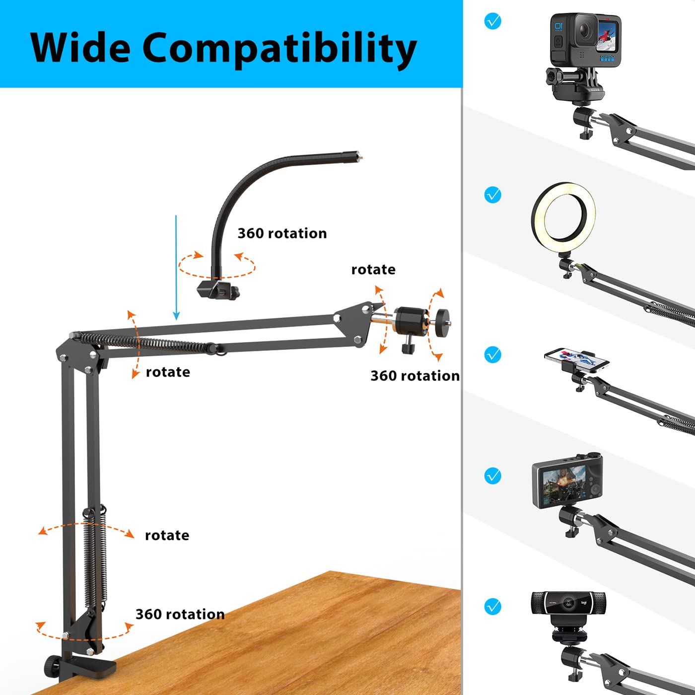 Pozliv Overhead Camera Mount With Ring Light, Flexible Articulating Phone Arm Stand Compatible With Iphone, Logitech Webcam, Desk Tripod For Youtube Live Stream Cooking Nail Video Recording