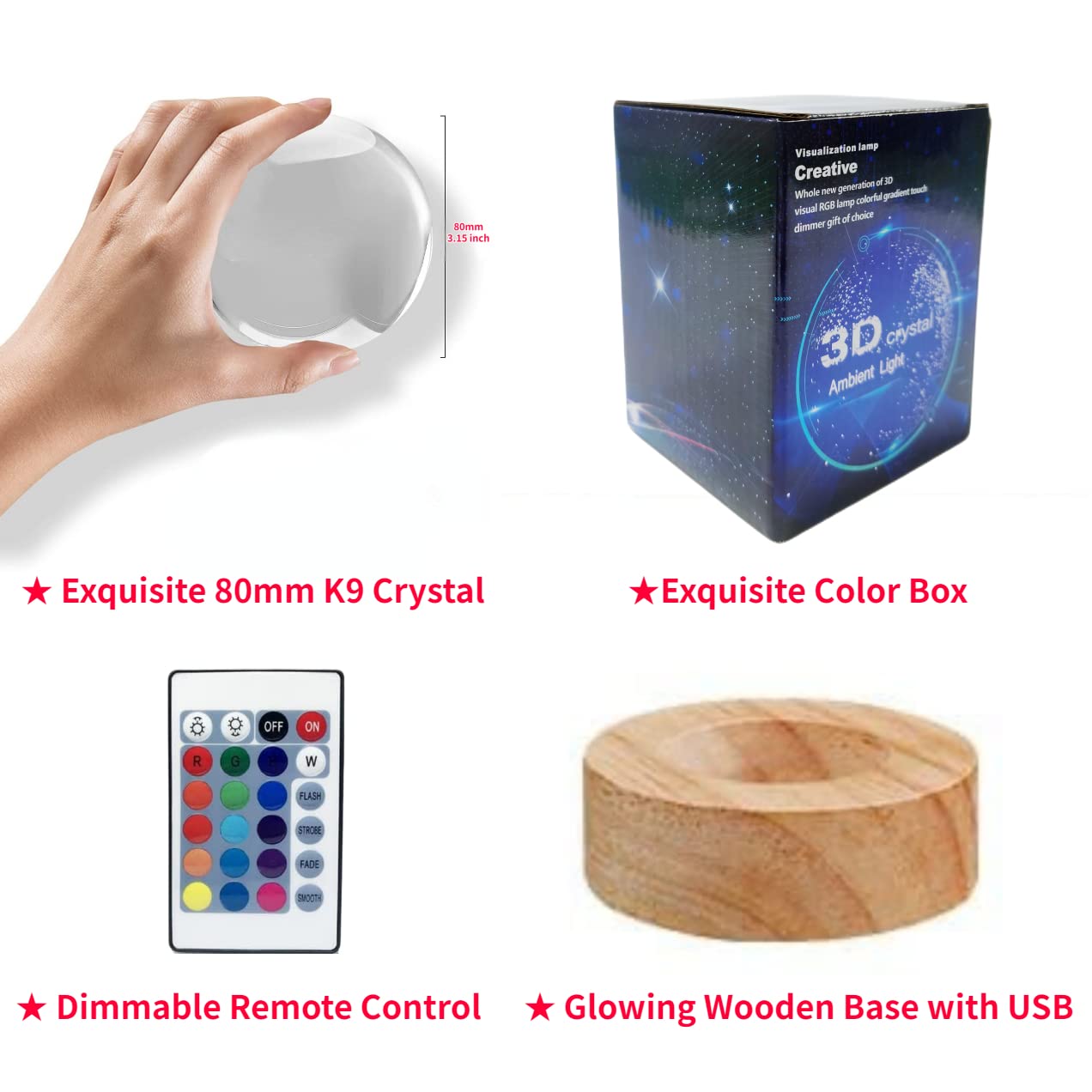 Digfpwt 3.15 Inch Galaxy Crystal Ball Lamp, 3D K9 Crystal Night Light With Wooden Base, 16 Colors Change With Remote Control, Clear Glass Light, Birthday  For Friends