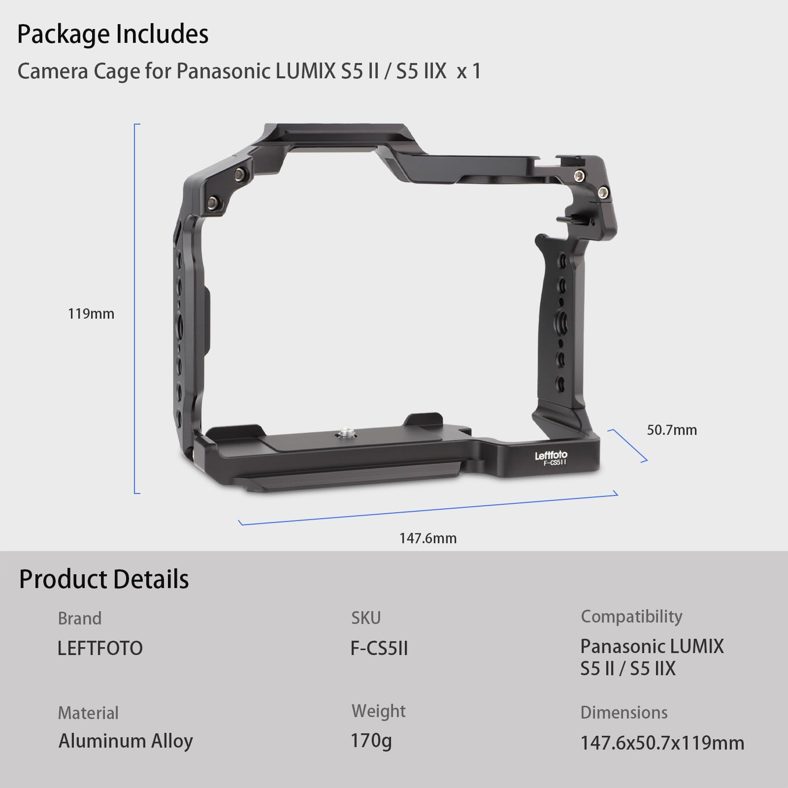 Leftfoto S5Ii Camera Cage For Panasonic Lumix S5 Ii / S5 Iix - Camera Protection Frame Rig With Arca Base,Nato Rail,Arri Threads Compatibility With Dji Rs2 Stabilizer- For Vlog Video Shooting