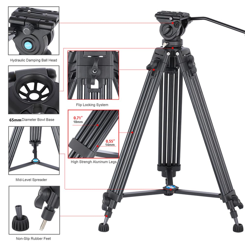 Yusen 62"/158Cm Video Tripod Professional Heavy Duty Aluminum Twin Tube Video Tripod 360 Degree Fluid Head Mid-Level Spreader For Dslr Camcorder Camera Load Up To 17.6Lb/8Kg
