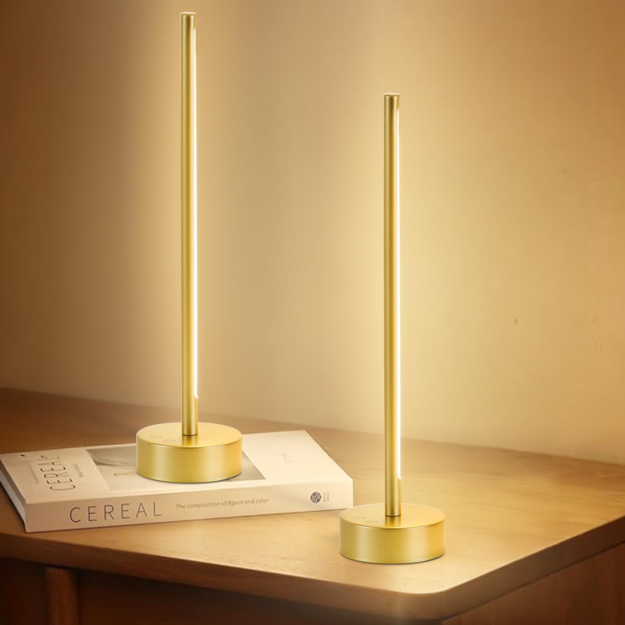 Kartoosh Cordless Led Table Lamp Set Of Two, Battery Operated Portable Desk Lamp,Dimmable/3 Color/Memory Function,Modern Rechargeable Table Light For Living Room,Bedroom,Bedside,Gold, 2 Pack