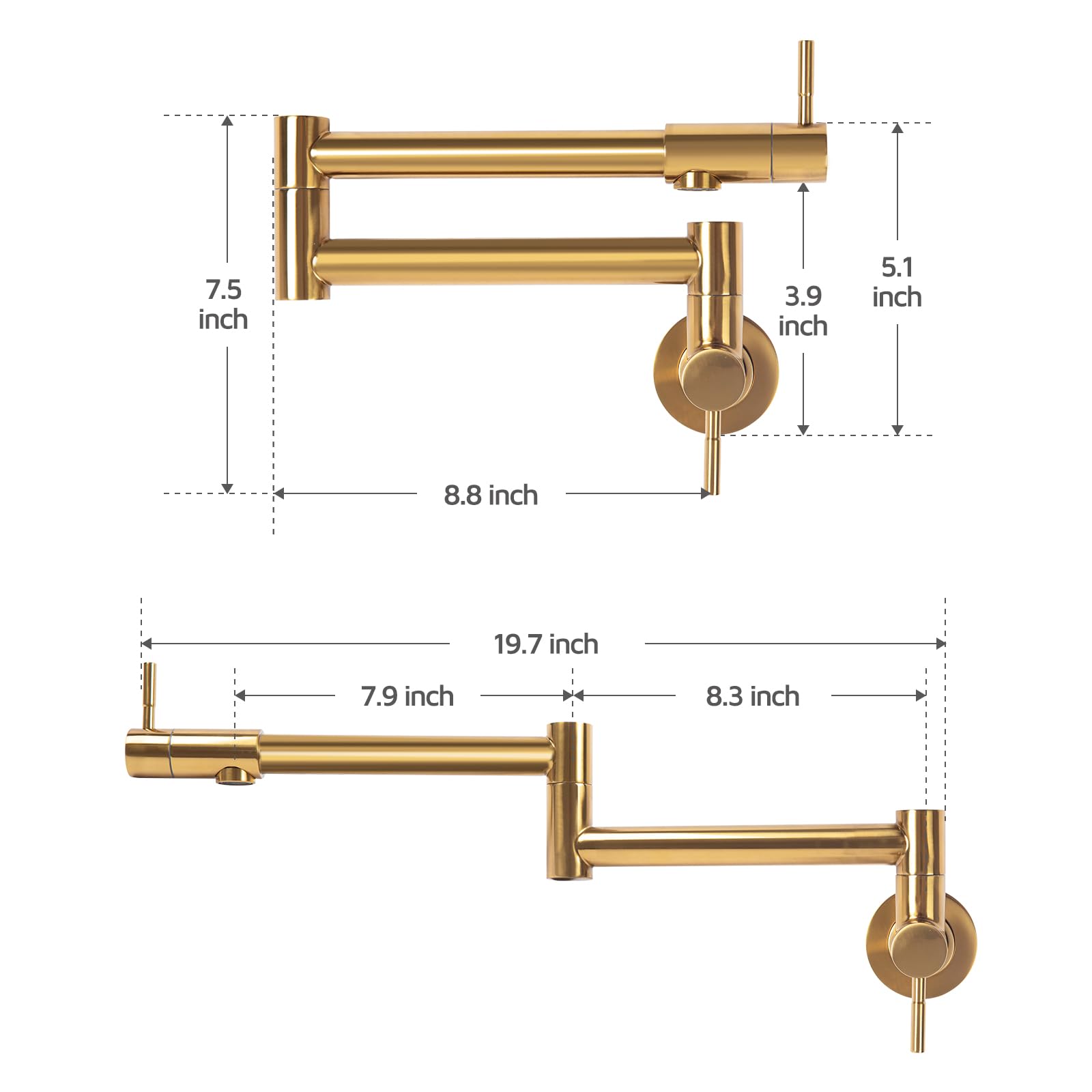 Heaorld Pot Filler Faucet Brushed Gold, Wall Mount Kitchen Faucet Over Stove 304 Stainless Steel, Commercial Folding Stove Faucet With Double Joint Swing Arms