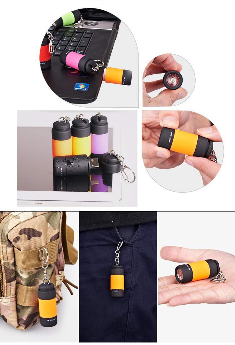Goldengulf 6Pcs/Pack Mini Usb Charging Colorful Led Flashlight Torch Pocket Size Rotary Switch Rechargeable Pendant Keychain Light Lamp - Color May Vary (6)